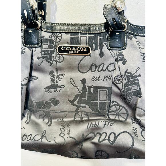 COACH Grey Black Stage Coach Horse Printed Fabric Y2K Leather Tote Handbag - Picture 6 of 15